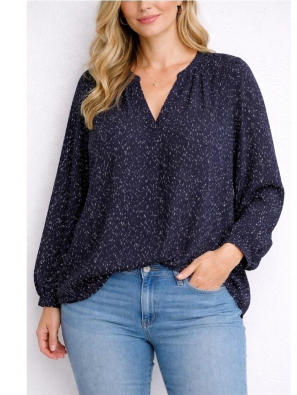 T Tahari Long Sleeve Career Workwear Blouse Midnight Navy Blue White Speckled 1X